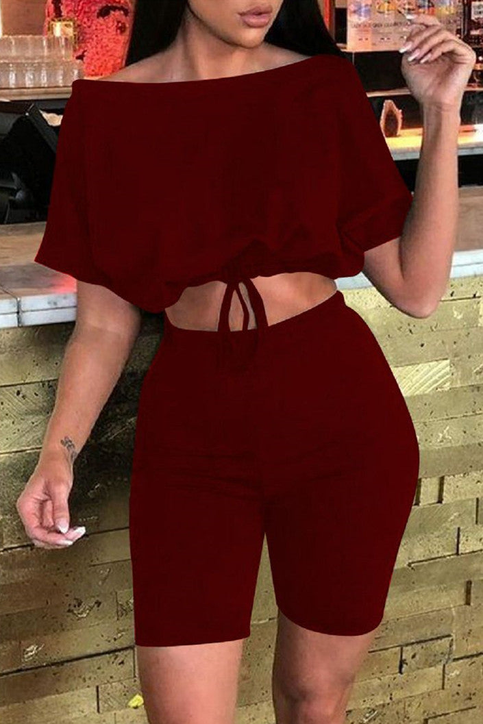 Fashion Casual Solid Basic Off the Shoulder Half Sleeve Two Pieces