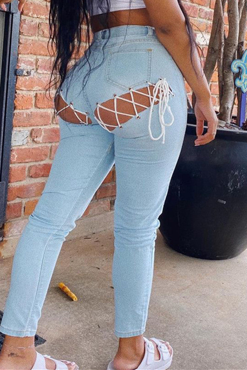 Sexy Casual Solid Bandage Hollowed Out Plus Size Jeans