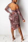 Fashion Sexy Print Leopard Hollowed Out Draw String Backless Halter Long Sleeve Mini Printed Dress Dresses