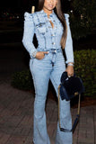 Sexy Denim Solid Buttons Turndown Collar Skinny Jumpsuits