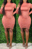 Fashion Sexy Plus Size Solid Draw String Fold Turtleneck Long Sleeve Dress