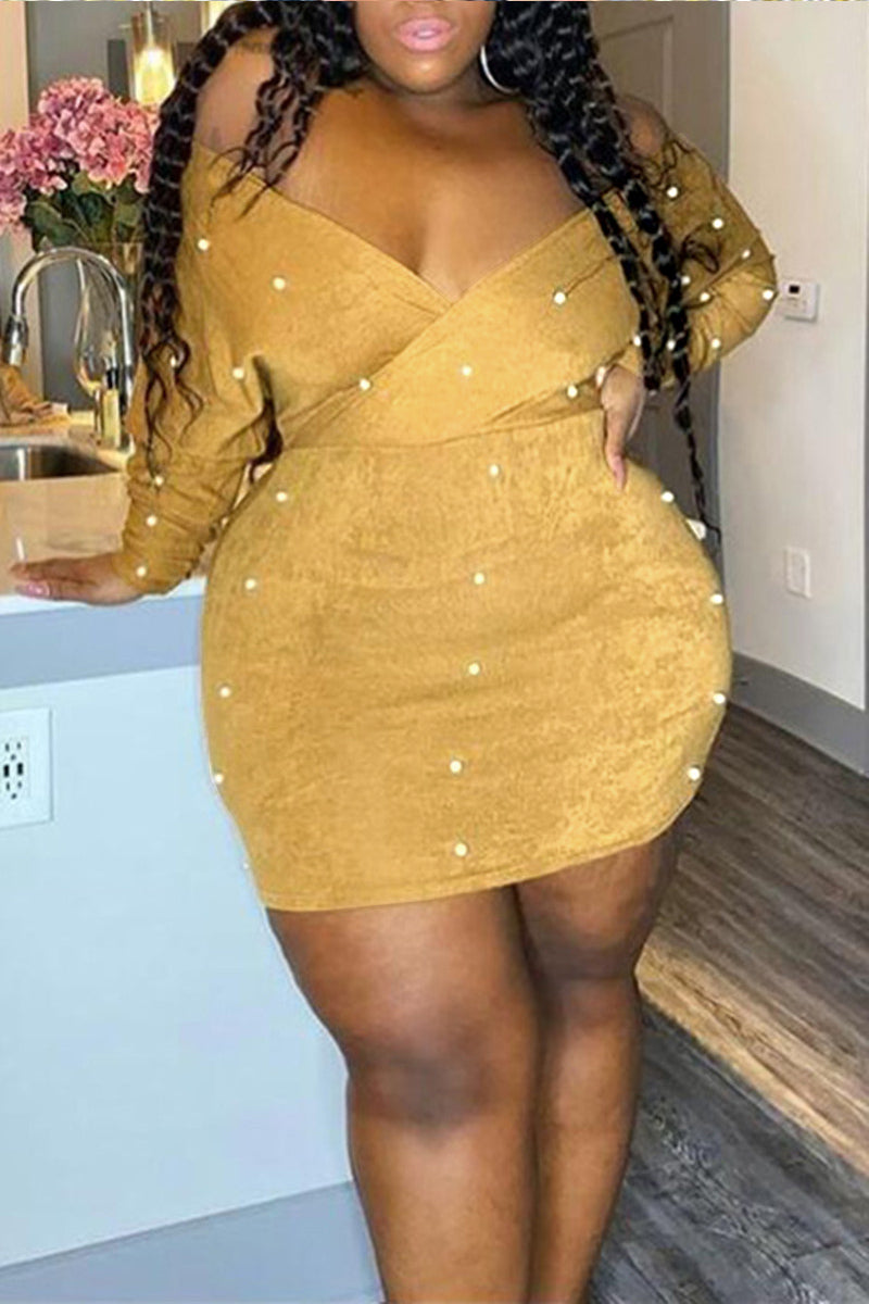 Sexy Casual Solid Beading V Neck Long Sleeve Plus Size Dresses