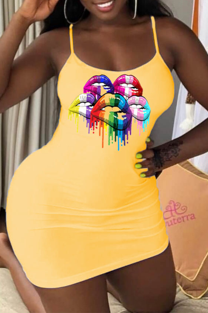 Sexy Print Split Joint Spaghetti Strap Pencil Skirt Dresses