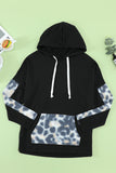leopard print pocket drawstring drop shoulder hoodie