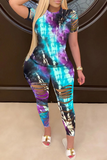 Fashion Casual adult O Neck Patchwork Print Hole Tie Dye Burn-out Two Piece Suits Stitching Plus Size