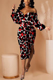 Sexy Adult Polyester Print Leopard Backless Strapless Long Sleeve Mid Calf Pencil Skirt Dresses