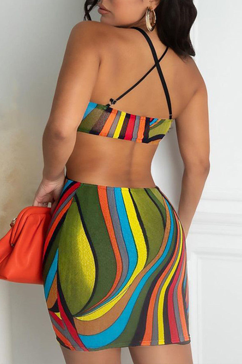 Fashion Sexy Print Hollowed Out Backless Spaghetti Strap Sleeveless Dress