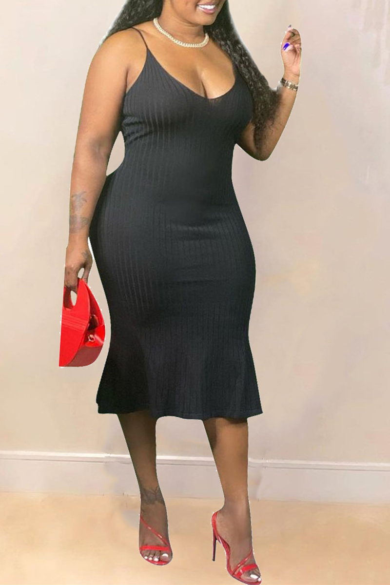 Sexy Solid Split Joint Spaghetti Strap Pencil Skirt Plus Size Dresses