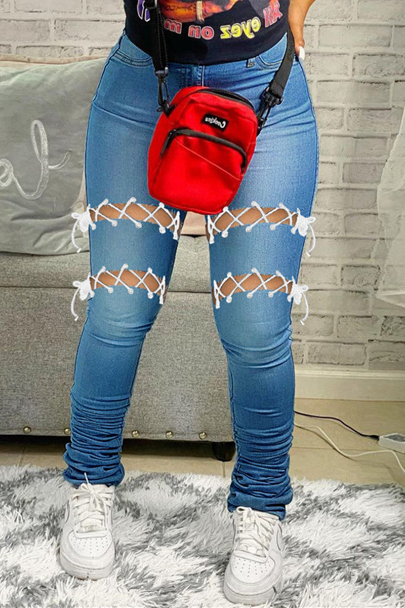 Sexy Casual Solid Hollowed Out Strap Design High Waist Regular Denim Jeans