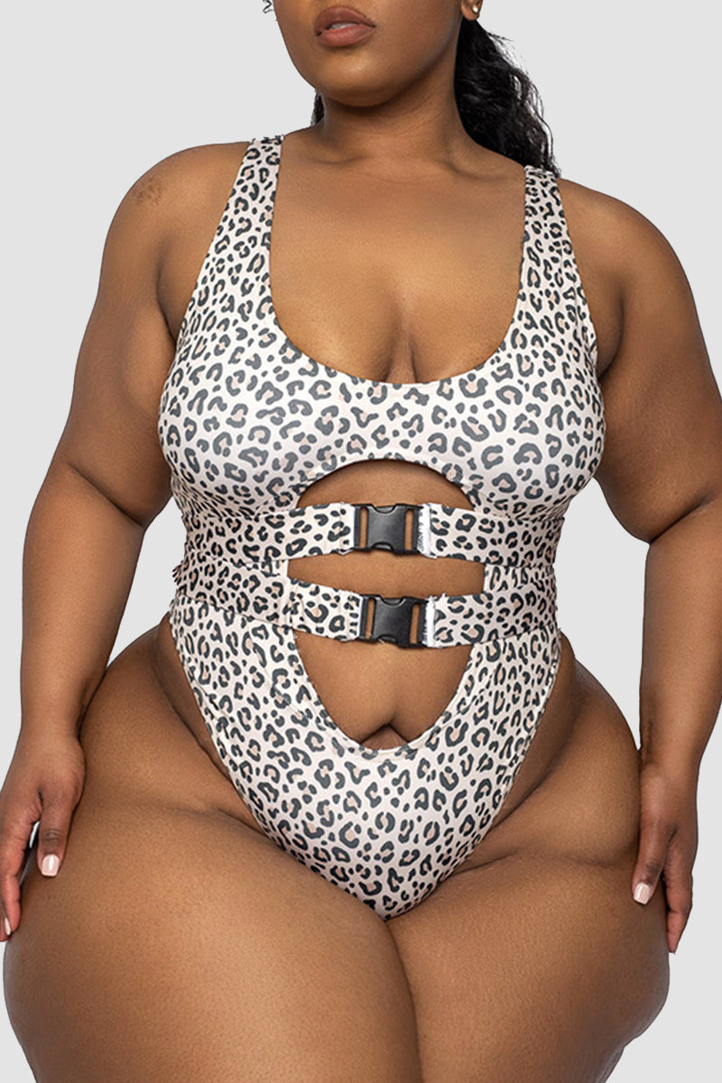Fashion Sexy Print Leopard Hollowed Out U Neck Plus Size Swimwear