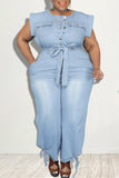 Fashion Casual Solid With Belt O Neck Plus Size Jumpsuits