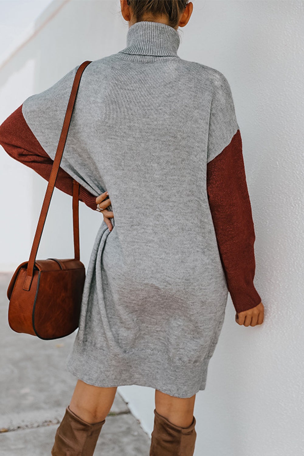 color block turtleneck sweater dress