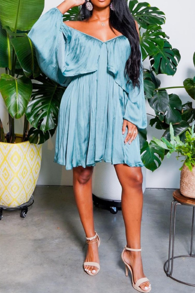 Sexy Solid Flounce Off the Shoulder Pleated Dresses