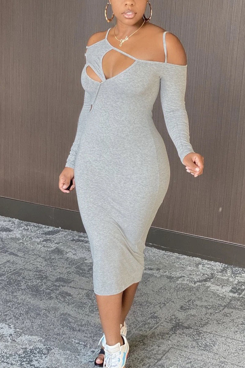 Sexy Cotton Solid Hollowed Out Split Joint Long Sleeve Knee Length Dresses