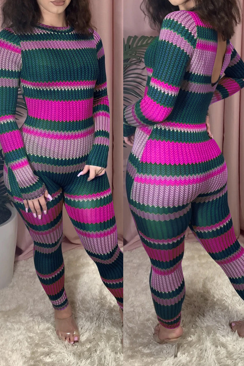 Casual Polyester Fiber Striped Print Pants O Neck Skinny Jumpsuits