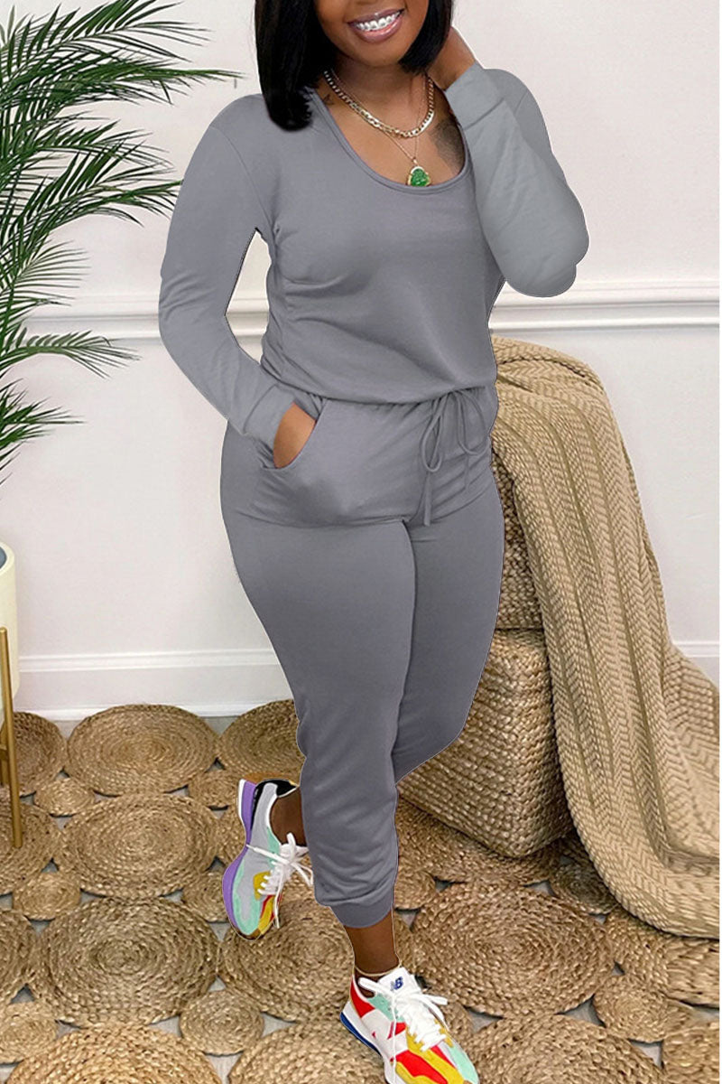Casual Solid Split Joint O Neck Skinny Jumpsuits