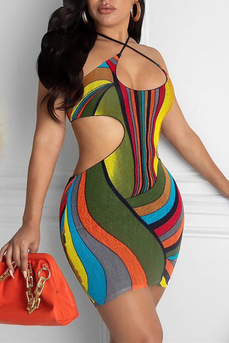 Fashion Sexy Print Hollowed Out Backless Spaghetti Strap Sleeveless Dress