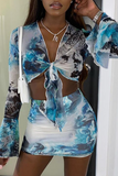 Sexy Print Split Joint O Neck Long Sleeve Two Pieces