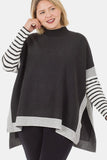 zenana full size run contrast striped mock neck high low sweater
