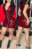 Fashion Sexy Leopard Zipper V Neck Sleeveless Dress
