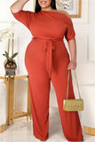 Fashion Casual Solid Backless With Belt Oblique Collar Plus Size Jumpsuits
