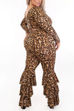Fashion Casual O Neck Long Sleeve One Shoulder Leopard Print Plus Size Set