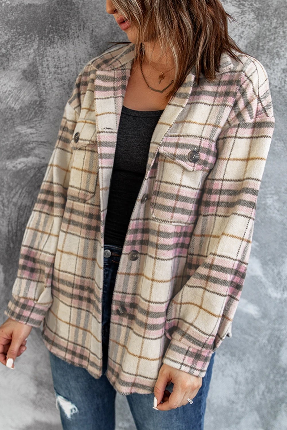 plaid button down collared shirt jacket with pockets
