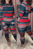 Casual Polyester Fiber Striped Print Pants O Neck Skinny Jumpsuits