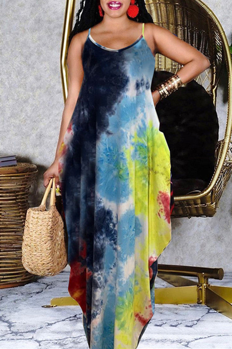 Fashion Casual Print Tie Dye Backless Spaghetti Strap Sleeveless Dress