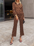 printed button front shirt and straight leg pants set