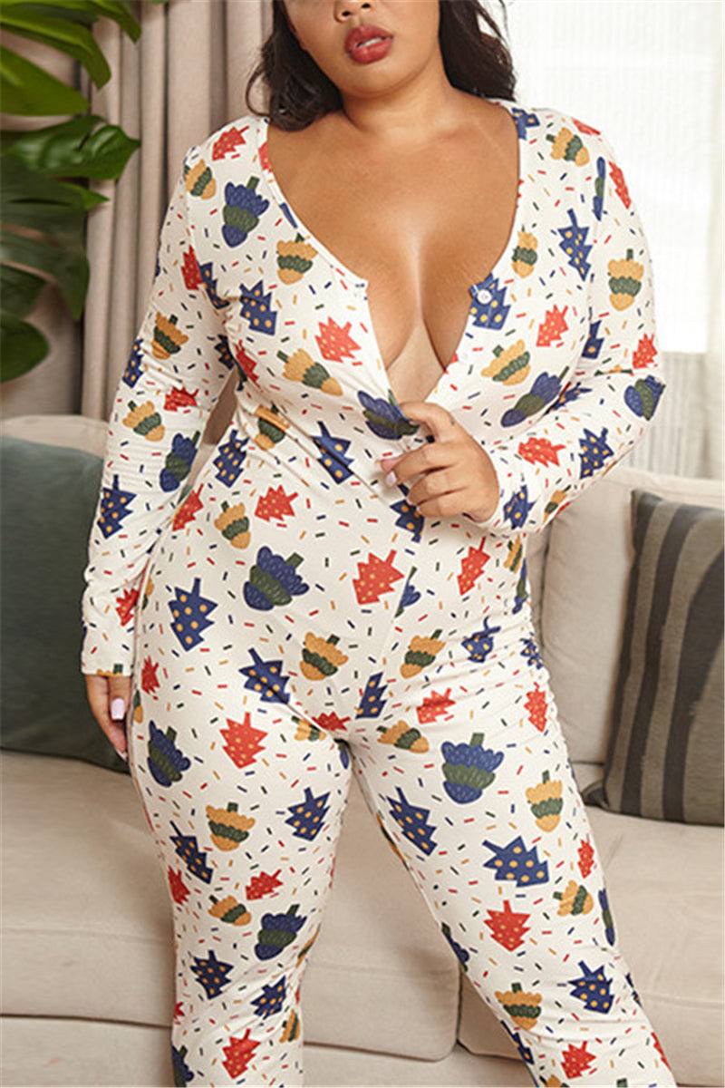 Sexy Living Polyester Knitting Character Print Buttons V Neck Plus Size
