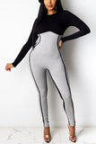 Fashion Casual Patchwork Split Joint O Neck Skinny Jumpsuits
