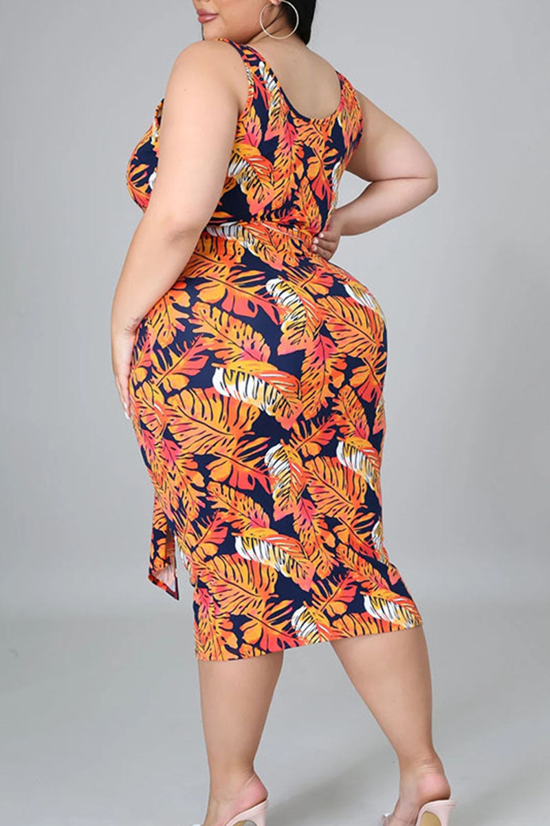 Casual Print Bandage Split Joint O Neck Straight Plus Size Two Pieces