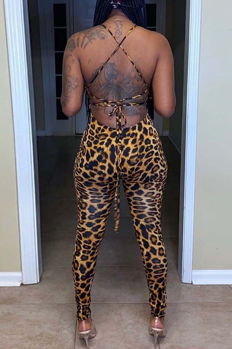 Sexy Print Leopard Backless Strap Design Spaghetti Strap Skinny Jumpsuits