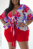 Fashion Casual Print Basic V Neck Plus Size Two Pieces