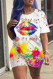 Fashion Casual Lips Printed Basic O Neck Short Sleeve Two Pieces