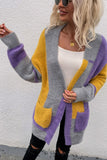 color block open front fuzzy cardigan
