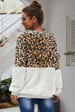 spliced leopard drawstring zip up teddy hoodie