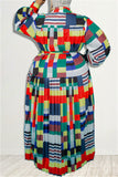 Casual Print Patchwork Buckle With Belt Pleated Turndown Collar A Line Plus Size Dresses（Belt Included）