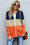 orange zip front color block splicing drawstring hoodie