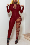 Fashion Sexy Adult Polyester Solid Ripped Split Joint V Neck Skinny Jumpsuits