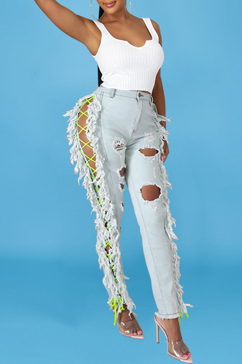 Sexy Solid Tassel Ripped Bandage Make Old Straight Denim Jeans