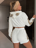 leopard sleeve cropped hoodie and shorts fleece lounge set