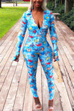 Fashion Casual V Neck Long Sleeve Regular Sleeve Skinny Butterfly Print Jumpsuits