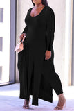 Fashion Casual Solid Slit O Neck Plus Size Two Pieces