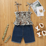 girls leopard print smocked cropped top and shorts set