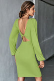twisted open back puff sleeve dress