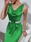 two tone belted cowl neck satin dress