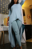 Fashion Casual Long Sleeve O Neck Regular Sleeve Longer In The Rear Solid Two Pieces