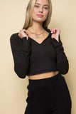ribbed collared v neck crop top